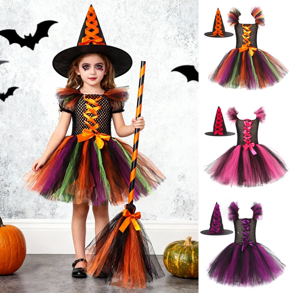 欧美万圣节儿童服装女巫表演连衣裙女童巫婆装扮套装Halloween