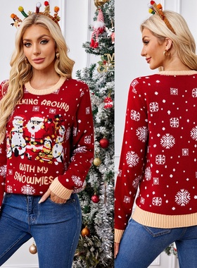 LED SWEATER跨境欧美亚马逊红色圣诞毛衣女秋冬雪花圣诞套头毛衣
