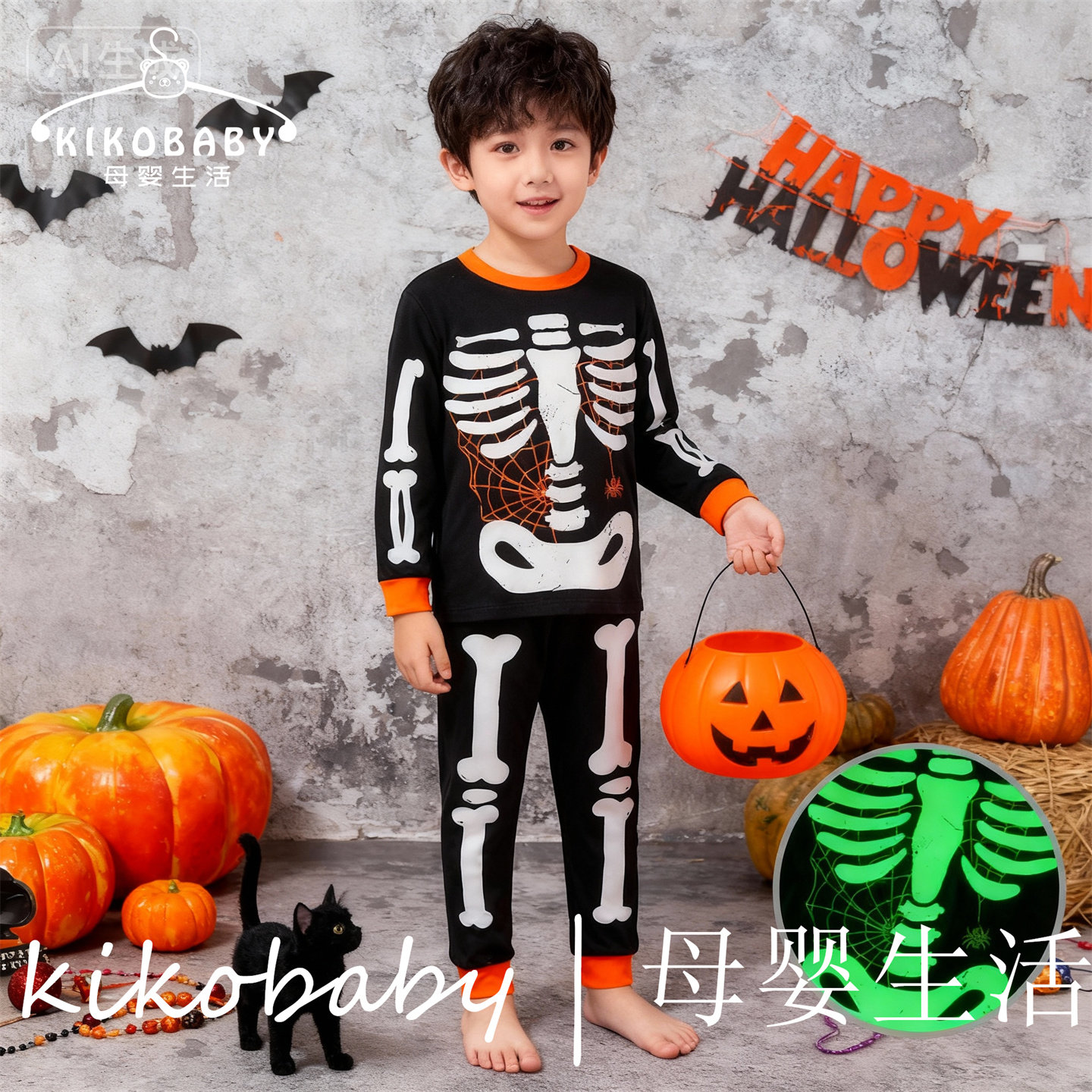 童装万圣节夜光骷髅睡衣服装儿童套装中小童裤家居服 Halloween
