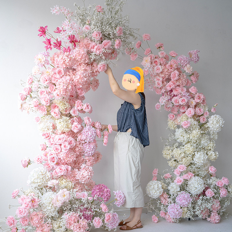 情人节粉色系牛角拱门花艺套装 婚礼布置求婚仪式背景装饰仿真花