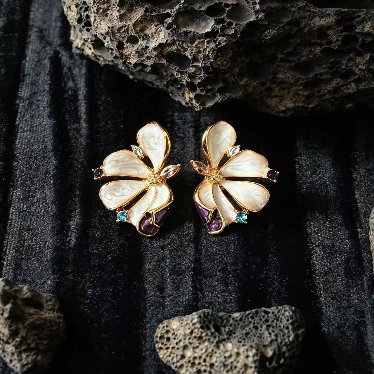 中古风紫白彩花耳环vintage复古做旧镶彩钻耳饰气质百搭