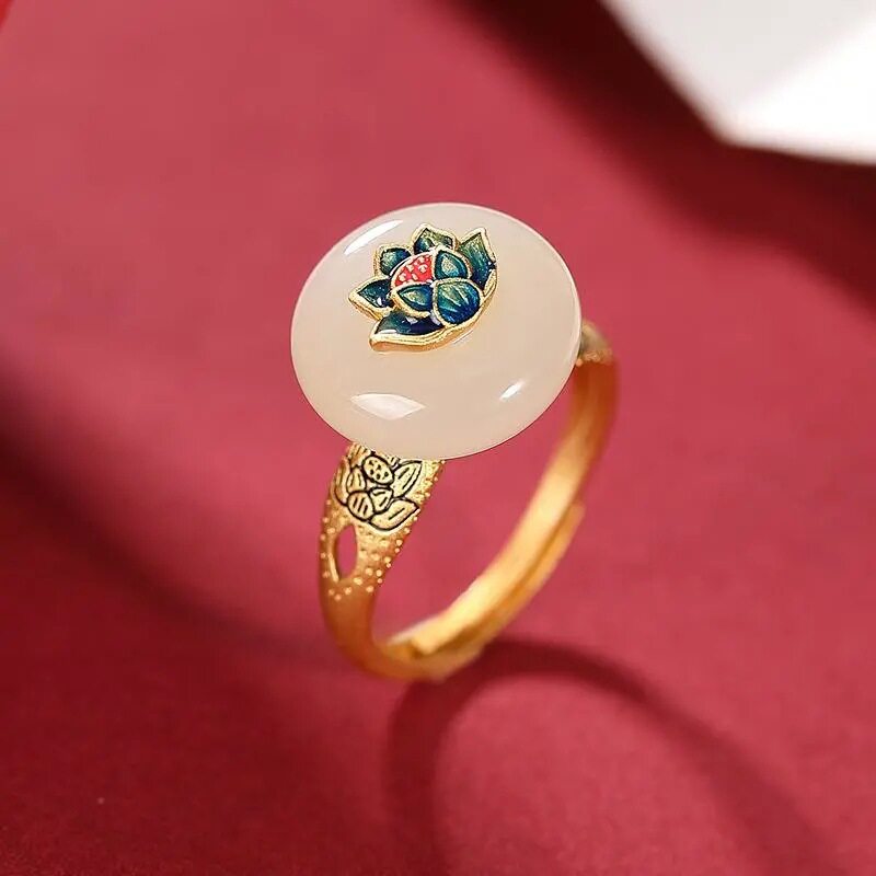 S925银镀金镶嵌青玉且末蓝戒指复古大气戒饰东方莲花花纹