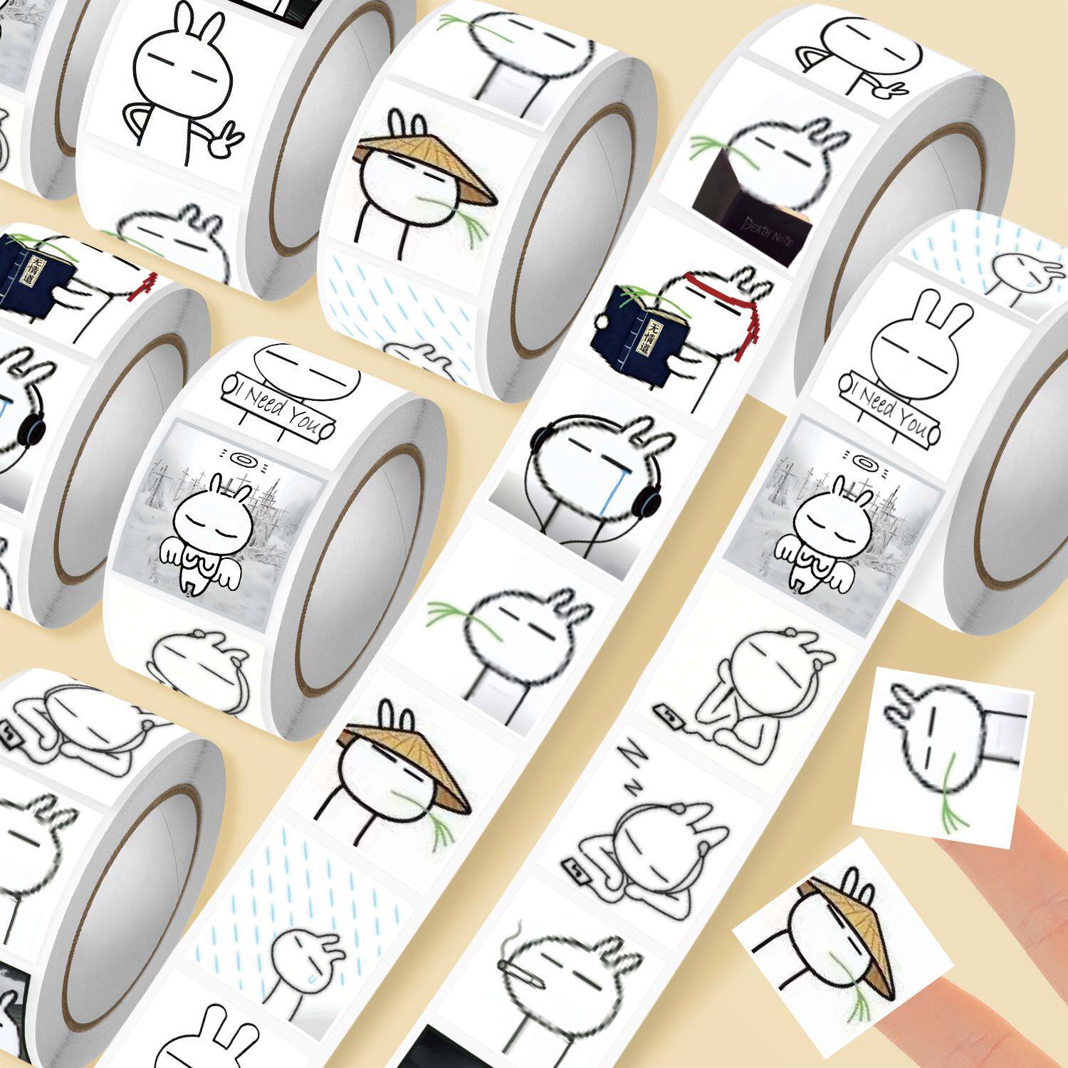 爆款500贴兔斯基忧郁头像卷卷贴热门古早萌物简笔画兔子手账贴画