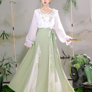 原创日常轻汉服女改良竹节三涧裙春夏中国风百搭通勤汉元素套装