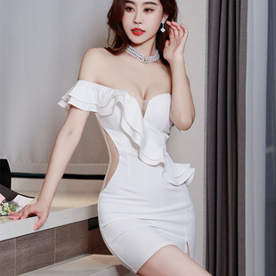 性感荷叶边一字肩连衣裙女聚会晚礼服高级感气质低胸修身包臀短裙
