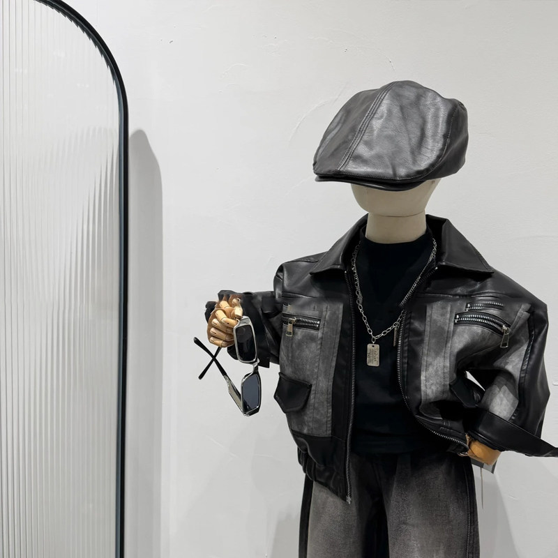 拼色棒球服皮衣外套韩版男童