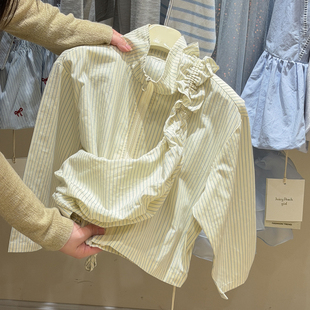 2026秋季新款女童韩版条纹花边立领衬衫外套设计感小众洋气百搭