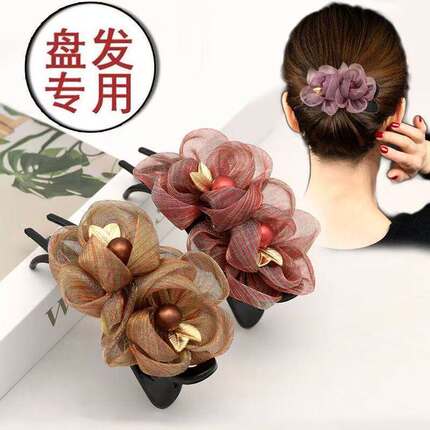韩系花朵绢纱盘发鸭嘴夹优雅插梳盘头发夹气质马尾妈妈三齿夹头饰