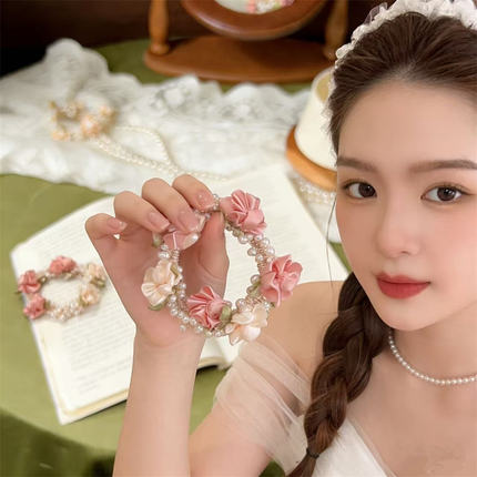 春季法式玫瑰的庄园油画风珠珠少女花朵发圈高弹力编织精品女头绳