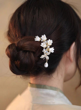 超仙铃兰花u型发簪新中式盘发插梳古风女高级感发钗汉服旗袍发饰