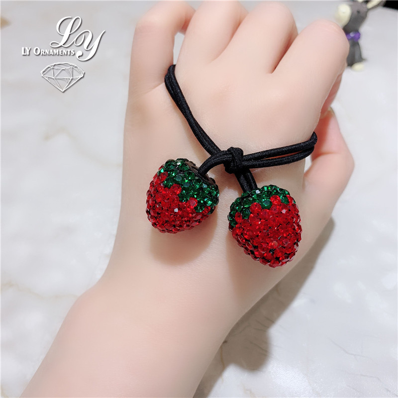 韩国进口捷克水钻发圈发绳闪亮红色草莓球高弹力皮筋头花新年发饰