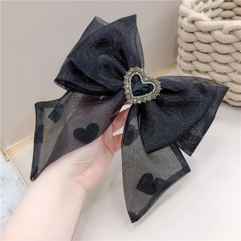 韩国高级感雪纱超大蝴蝶结发夹甜美爱心桃心水钻后脑勺弹簧夹顶夹