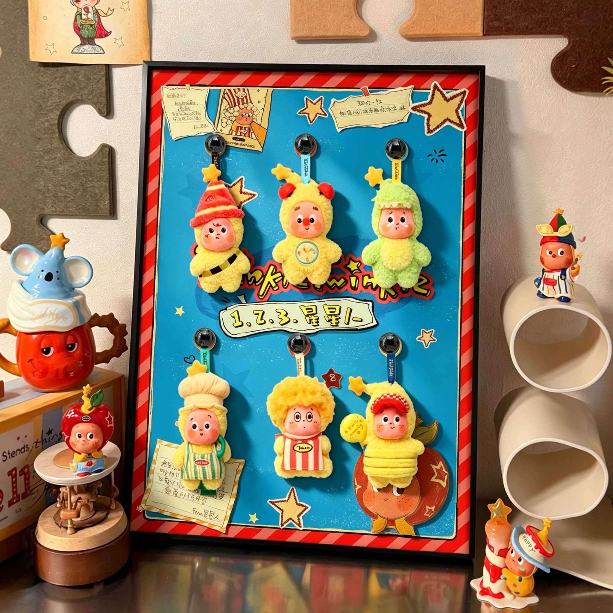 123星星人盲盒展示框搪胶娃娃收纳装饰画手办收纳盒泡泡玛特壁挂图片