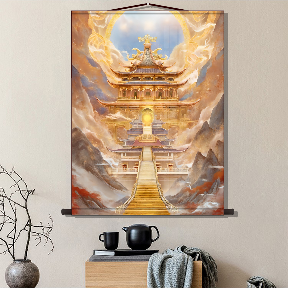 仙家堂口山水画装饰画小桥亭子无活物天庭天宫图佛堂丝绸挂画高清