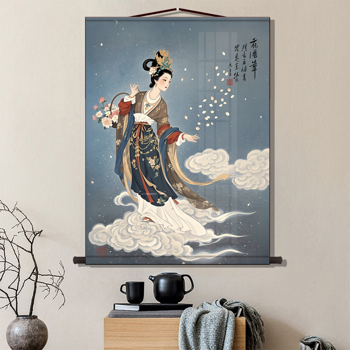 古画天女散花图卧室壁画装饰画花仙子卷轴画挂画茶楼书房仕女国画