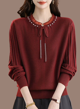 木耳边系带烫钻圆领针织衫女2025秋冬新款高级感新年红色套头毛衣