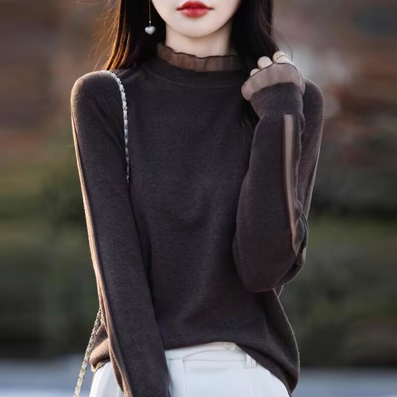 漏木耳领薄款打底衫女春秋新款