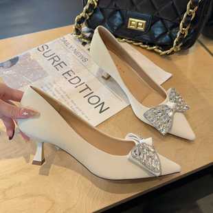 尖头浅口低跟气质单鞋 韩版 96446 水钻蝴蝶结小跟鞋 芭迪曼2024夏款
