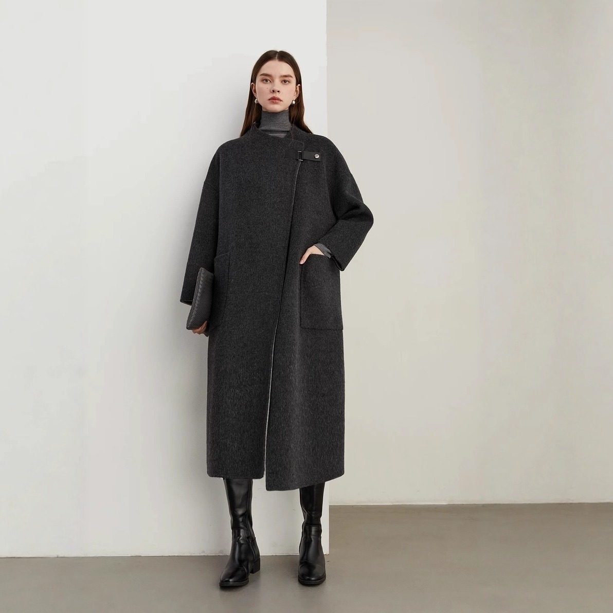 2025新款牦牛绒大衣女长款圆领秋冬季宽松双面呢羊毛呢子高级外套