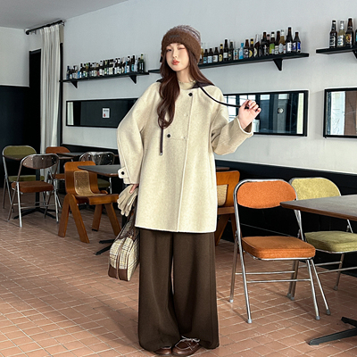 中长款宽松连帽双面羊绒羊毛大衣