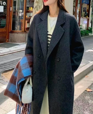 灰色双面羊绒羊毛显瘦宽松大衣女2024新款高级感小个子毛呢外套