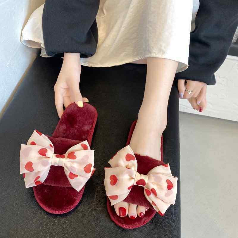 秋冬季室内居家少女心绒毛毛拖鞋甜美蝴蝶结一字棉拖鞋女外穿ins