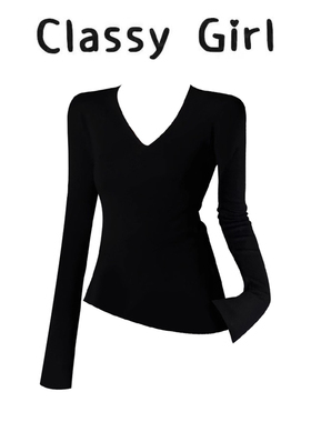 黑色v领内搭打底衫上衣长袖女秋冬季紧身修身正肩t恤显瘦早秋穿搭
