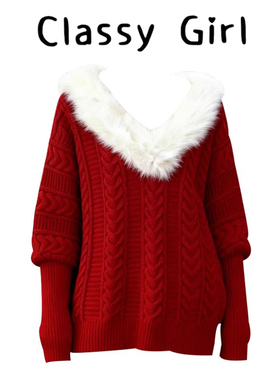 新年红色毛领V领麻花针织毛衣女秋冬季加厚高级感套头蝙蝠袖上衣