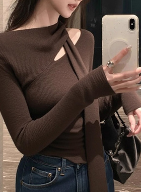 2025秋季软糯慵懒风上衣小众不撞款高级感超好看咖色系带针织衫女