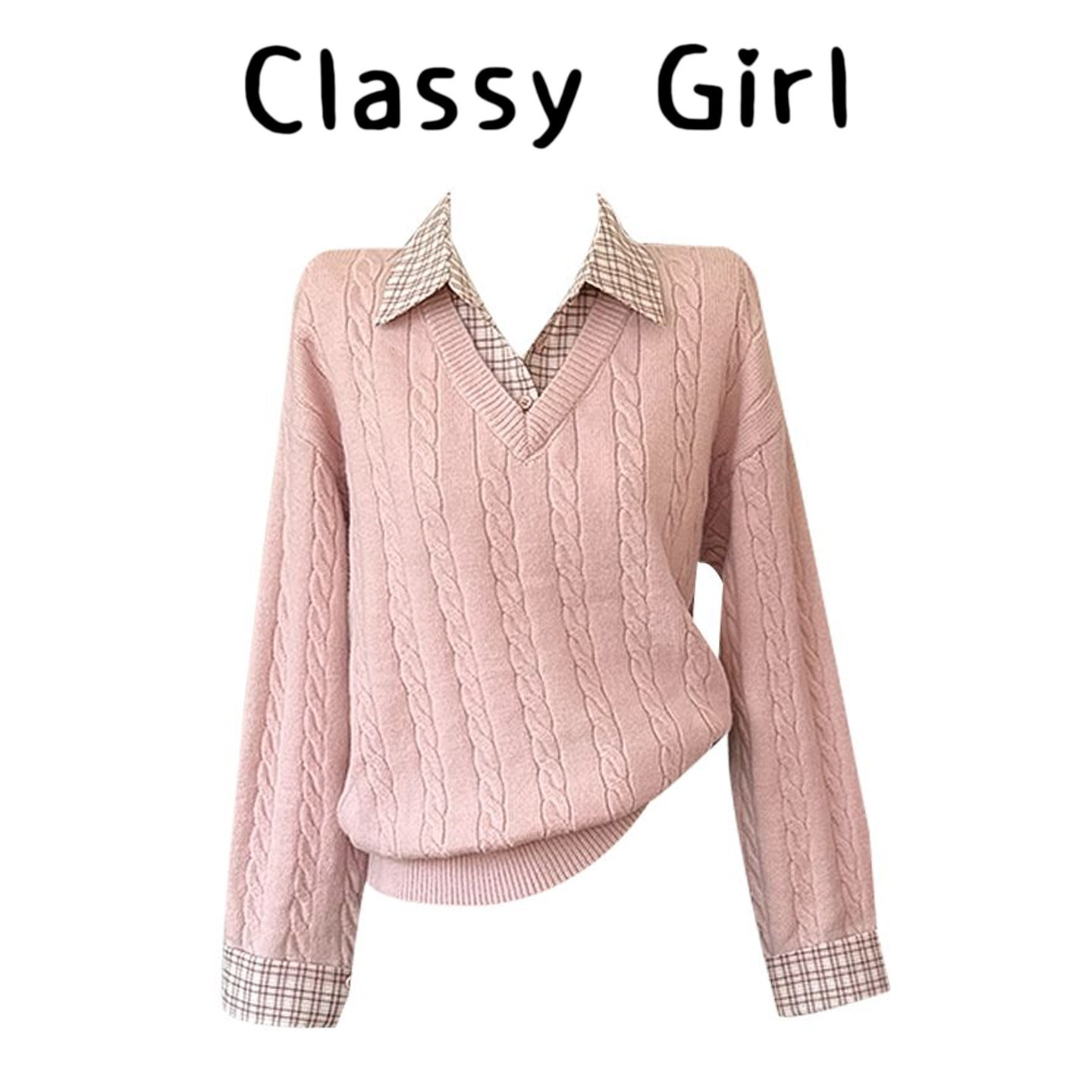 秋冬韩系假两件粉色针织衫上衣