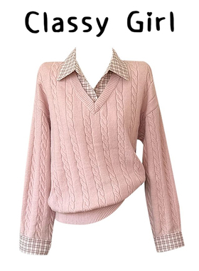 Classy girl 韩系假两件毛衣女秋冬polo领衬衫拼接内搭针织衫上衣