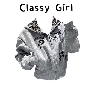 卫衣女款加厚2025新款秋冬复古豹纹拼接连帽开衫外套短款帽衫上衣