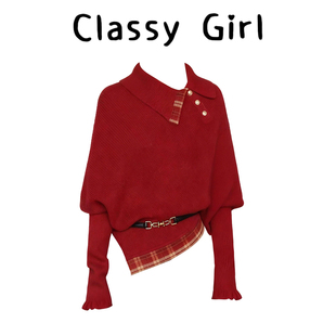 复古圣诞节红色高领毛衣女秋冬设计感斜扣慵懒宽松套头不规则上衣