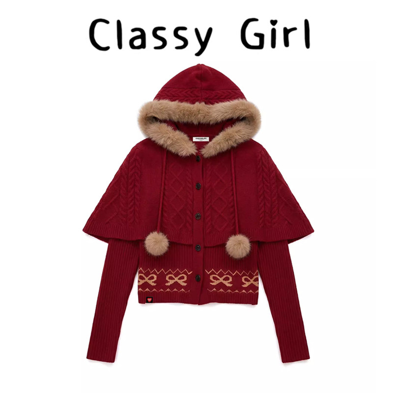 圣诞毛绒斗篷麻花提花毛针织开衫女2025秋冬季新款蝴蝶结毛衣外套,女装/女士精品,大码内搭,淘宝优惠券,粉丝福利购,淘宝优惠卷