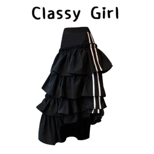 黑色不规则条纹蛋糕半身裙女春夏季 a字裙 高腰气质宽松甜酷中长款