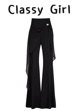时髦辣妹黑色微喇叭长裤女春季气质设计感高腰显瘦西装休闲裤ins