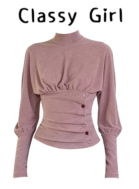 Classy girl 「云漫」新中式高领T恤修身收腰褶皱纽扣针织打底衫