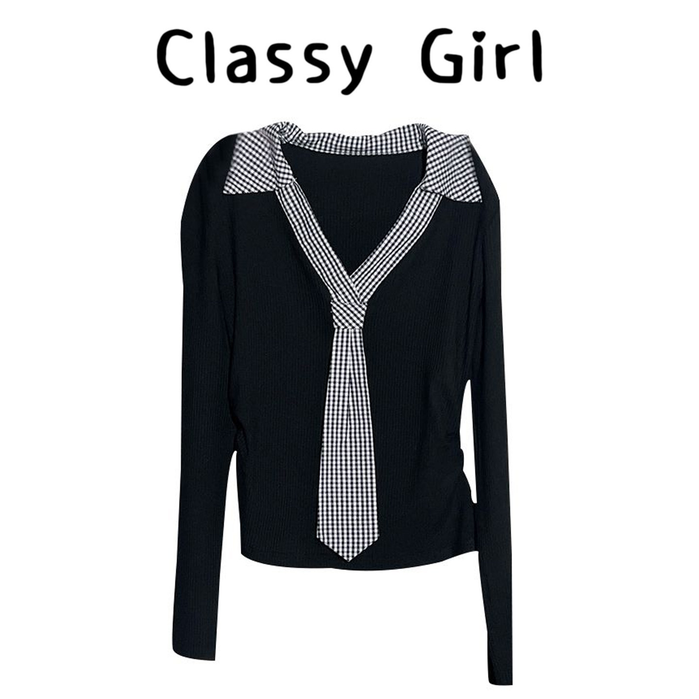 秋冬复古V领修身显瘦假两件上衣