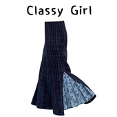 冬天配大衣 裙子重要场合漂亮高腰气质蓝色印花拼接鱼尾半身裙女