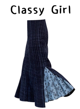 冬天配大衣的裙子重要场合漂亮高腰气质蓝色印花拼接鱼尾半身裙女