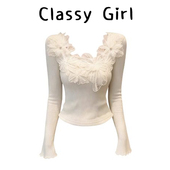 蝴蝶U领正肩喇叭袖 上衣春 打底衫 针织衫 女2026秋冬高级感气质修身