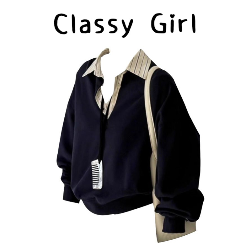 秋冬撞色Polo领假两件慵懒风上衣