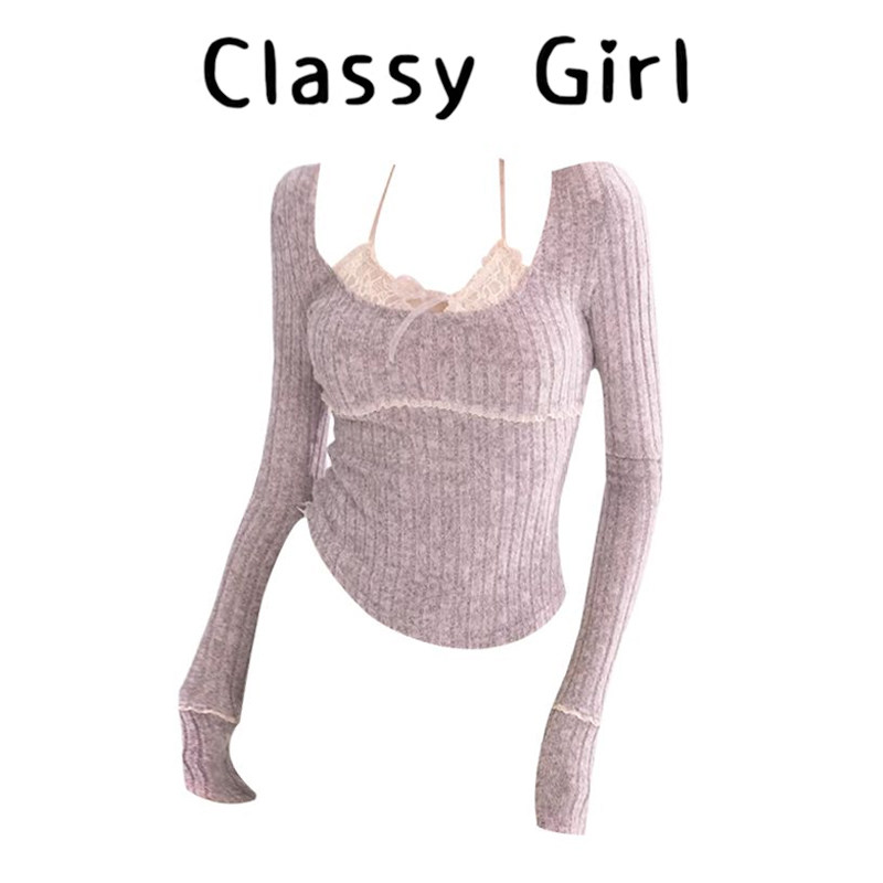 春季纯欲假两件蕾丝紫色针织衫女挂脖打底衫设计修身辣妹内搭上衣,女装/女士精品,大码内搭,淘宝优惠券,粉丝福利购,淘宝优惠卷