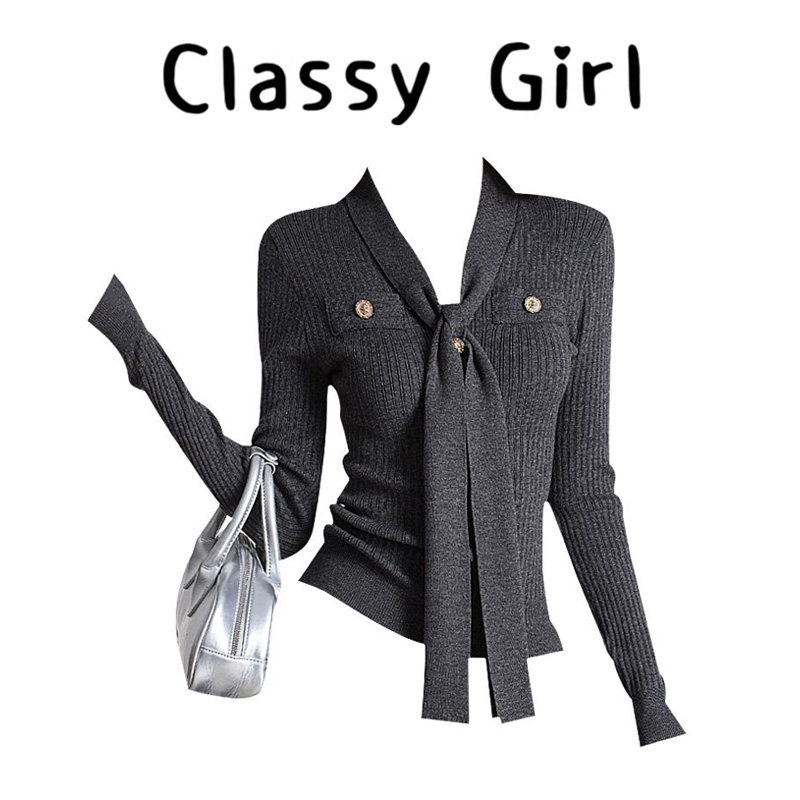 秋冬设计感v领针织衫毛衣上衣