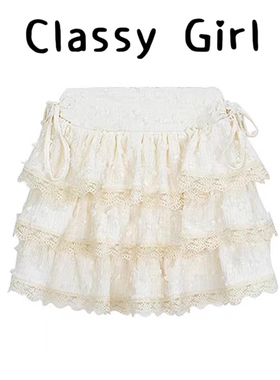 甜美奶黄色半身裙女秋季设计感小个子蕾丝边蛋糕裙高腰蓬蓬短裙子