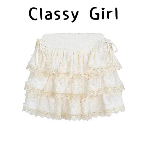 秋冬甜美奶黄色蕾丝蓬蓬短裙子