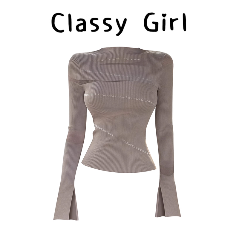 秋冬设计感气质性感网纱拼接上衣