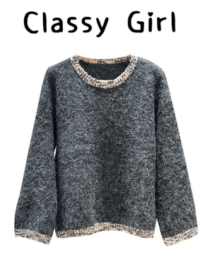 韩系灰色高级感撞色长袖毛衣女2025秋冬季新款宽松针织打底衫上衣