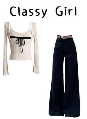 巨好看的冬装一整套甜辣妹纯欲风长袖上衣韩系黑色高腰牛仔裤套装