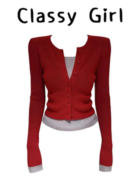 Classy girl 新年圣诞红色秋冬新款时尚设计感拼色针织假两件上衣